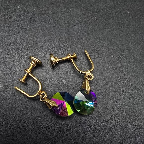 Heliotrope Rivoli Glass Clip Screw Back Earrings Vintage Costume Jewelry - Picture 8 of 9